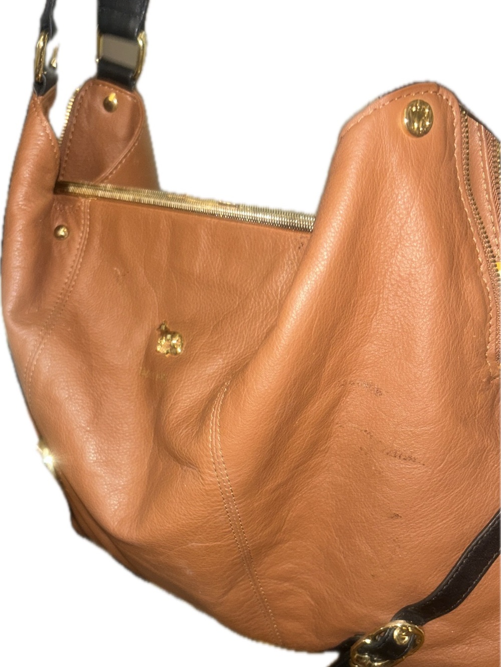 Emma Fox Large Cognac Pebbled Leather Hobo Shoulder Bag Black Trim Gold Hardware - Picture 4 of 13